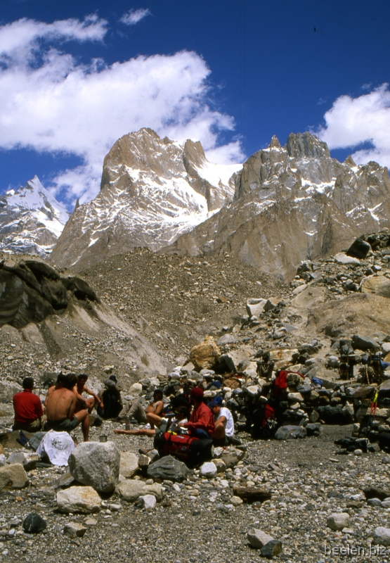 077_Liligo Noon and lunch at Liligo. 
We face the Trango Towers here.