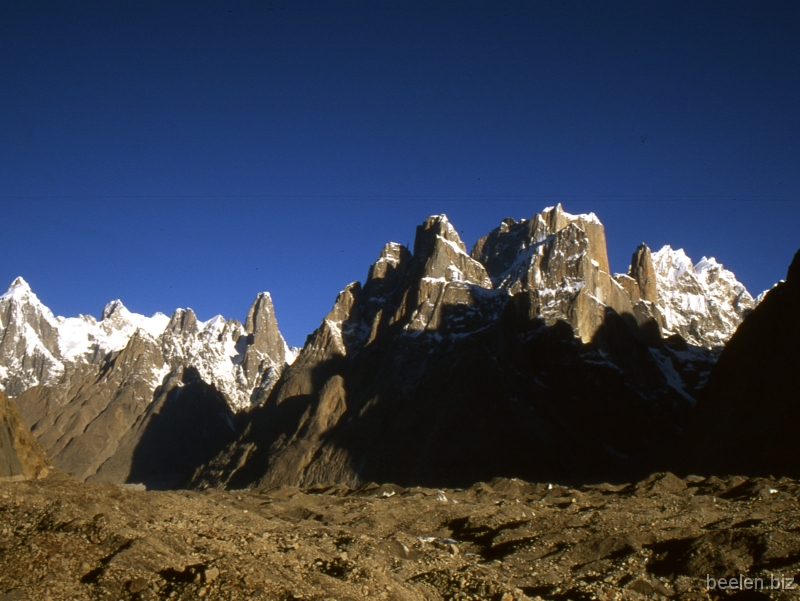 080_Baltoro Payu Peak Uli Biaho Trango View on Trango Towers with Lesser Trango Tower to the right and Uli Biaho left.