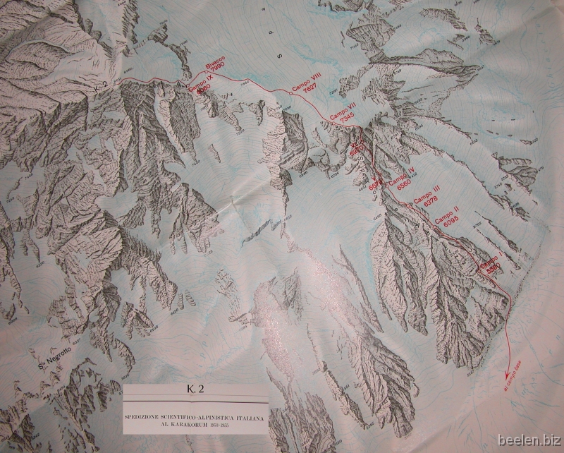 151_K2 Map Detail of he most accurate map of K2, also by the Italian 1954 expedition.
Striking detail is the use in 1954 of about twice as much camps as nowadays.
Modern camp 1 is at 1954 camp 2, modern camp 2 is at 1954 camp 5!, etc...