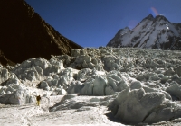 154_Godwin Austen Glacier Here we first have to cross the G.-Austen icefall, inconveniently placed between Bc and Advanced Bc (ABc).
It consists of only ice; it is much unlike the famous Khumbu icefall at Mt Everest.
It is much smaller and -very important- almost completely harmless.